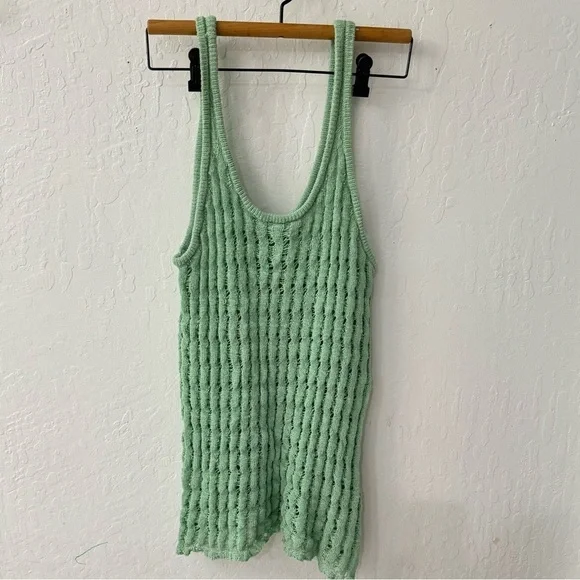 Free People Beach Green Open Eyelet Crochet Stretch Beach Cover Up Dress XS - Picture 4 of 4